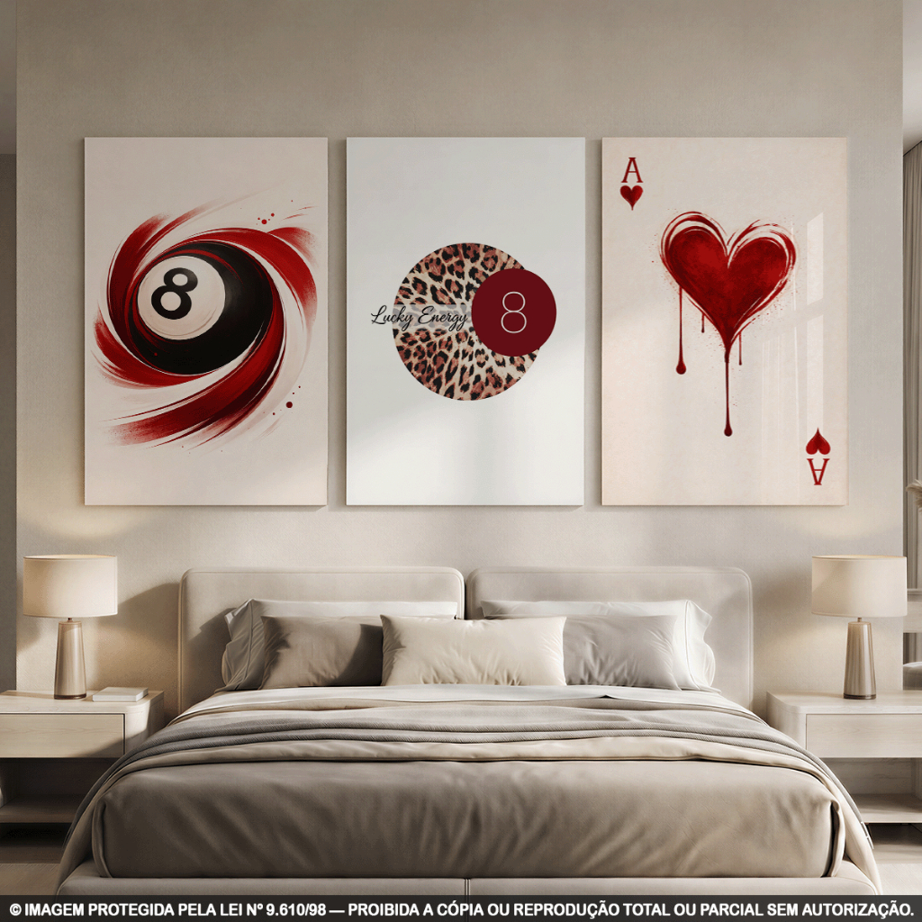 Kit 3 Quadros Decorativos Lucky Energy com Bola 8 e Coração de Baralho