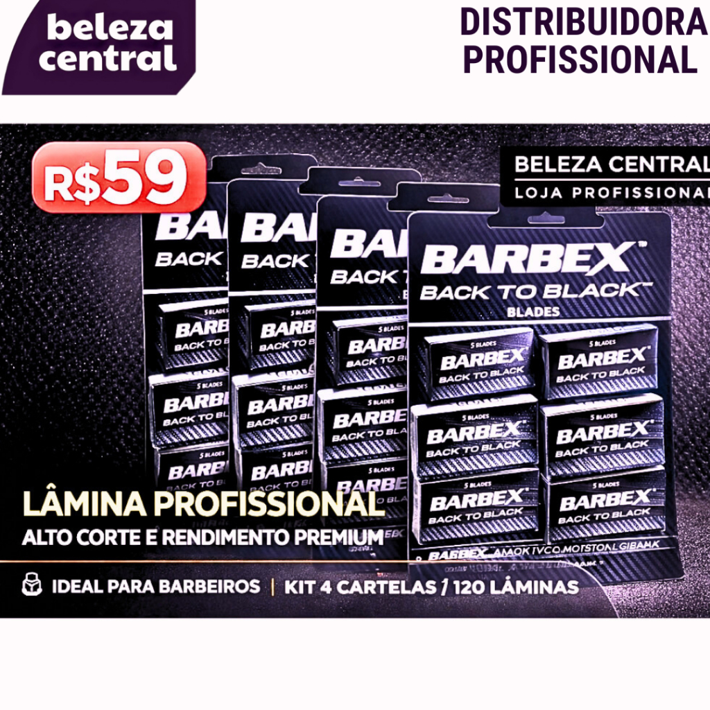 4 Cartelas Lâmina Barbear Barbex Professional Back To Black – 120 Lâminas – Uso Profissional – Alto Corte