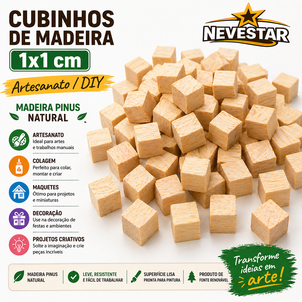 Cubinhos de Madeira 1x1 cm Kit 100 200 500 Unidades Artesanato DIY Pinus NEVESTAR