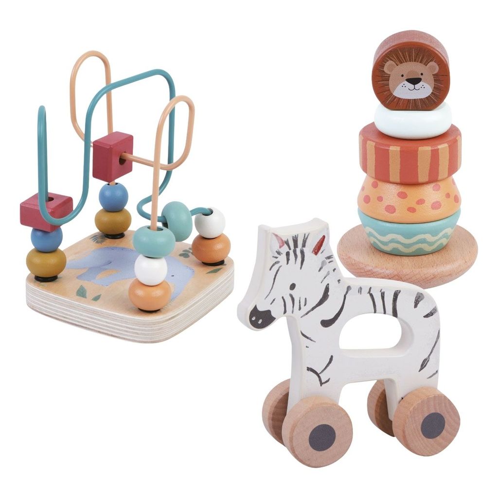 Kit 3 Brinquedos Educativo Montessori Bebê Madeira Torre Empilhar Didático Safari Wooden Maxi Baby