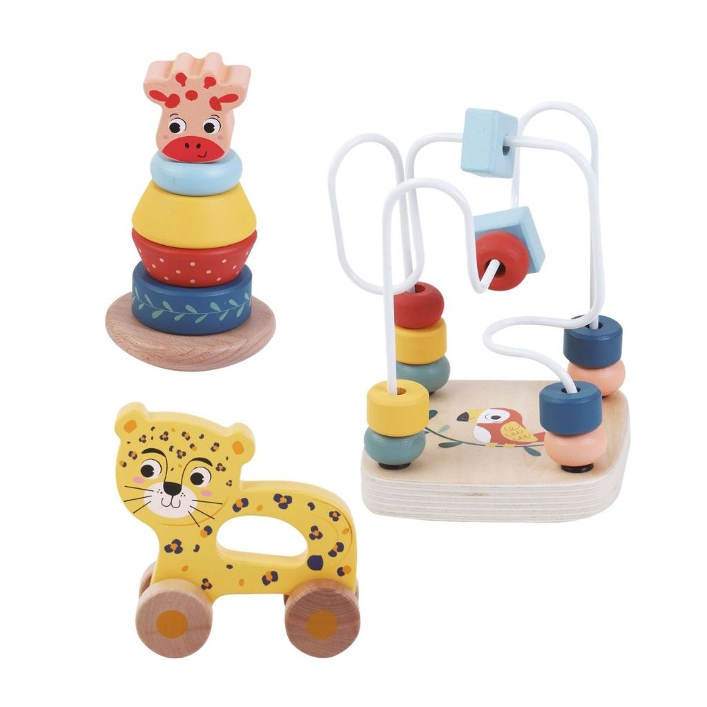 Kit 3 Brinquedos Didático Montessori Bebê Madeira Torre Empilhar Educativa Zoo Wooden Maxi Baby