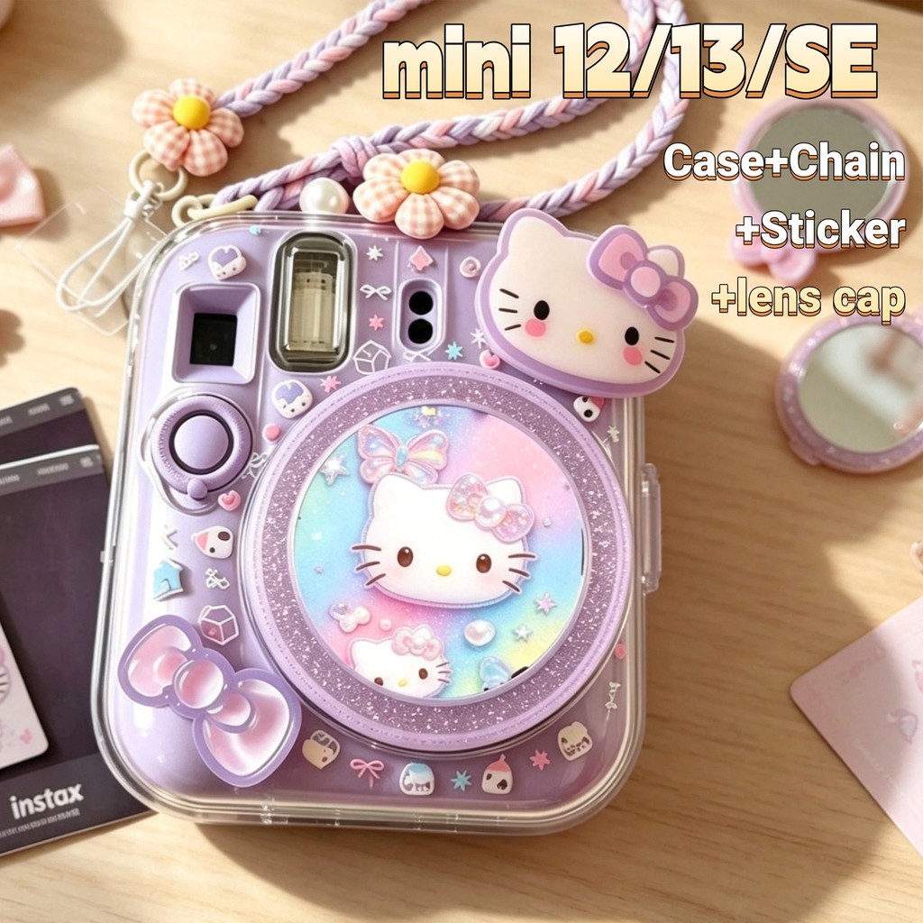 Capa De Câmera Hello Kitty Para Instax Mini 13/12/SE Dura Transparente Com Tampa De Lente Alça De Pulso Adesivos DIY Pro