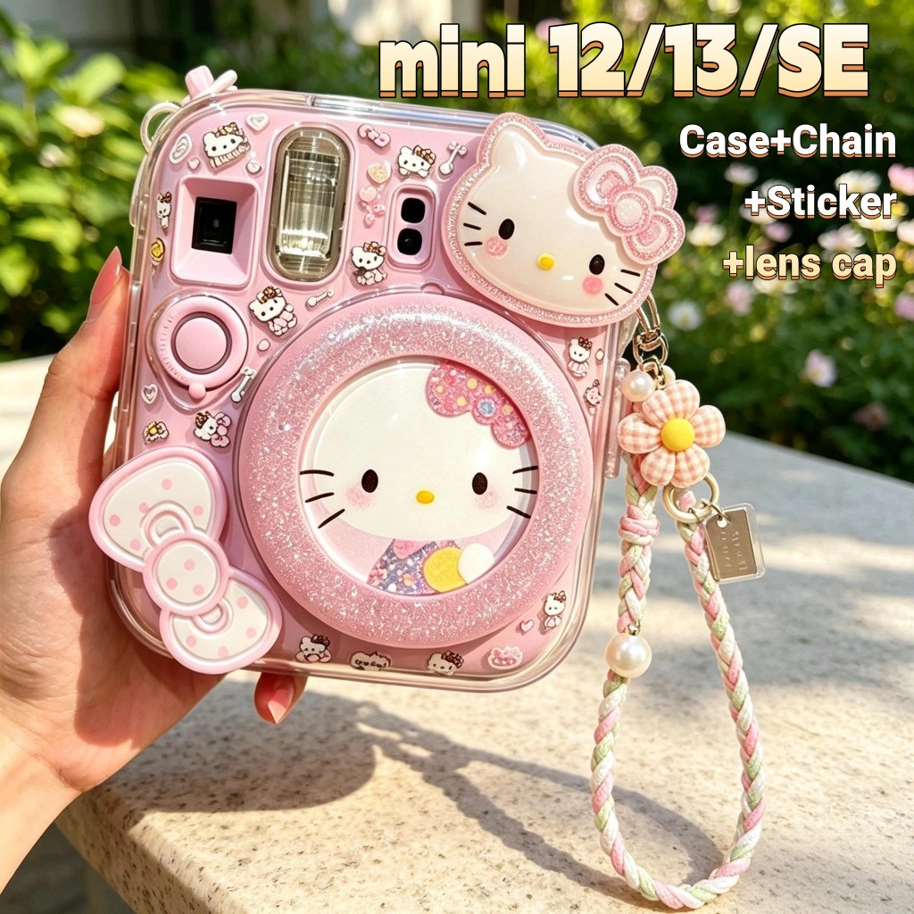 Capa De Câmera Hello Kitty Para Instax Mini 12/13/SE Dura Transparente Com Tampa De Lente Alça De Pulso Adesivos DIY Pro