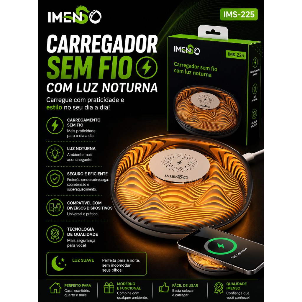Carregador sem fio com luz Noturna Carregamento Magnético