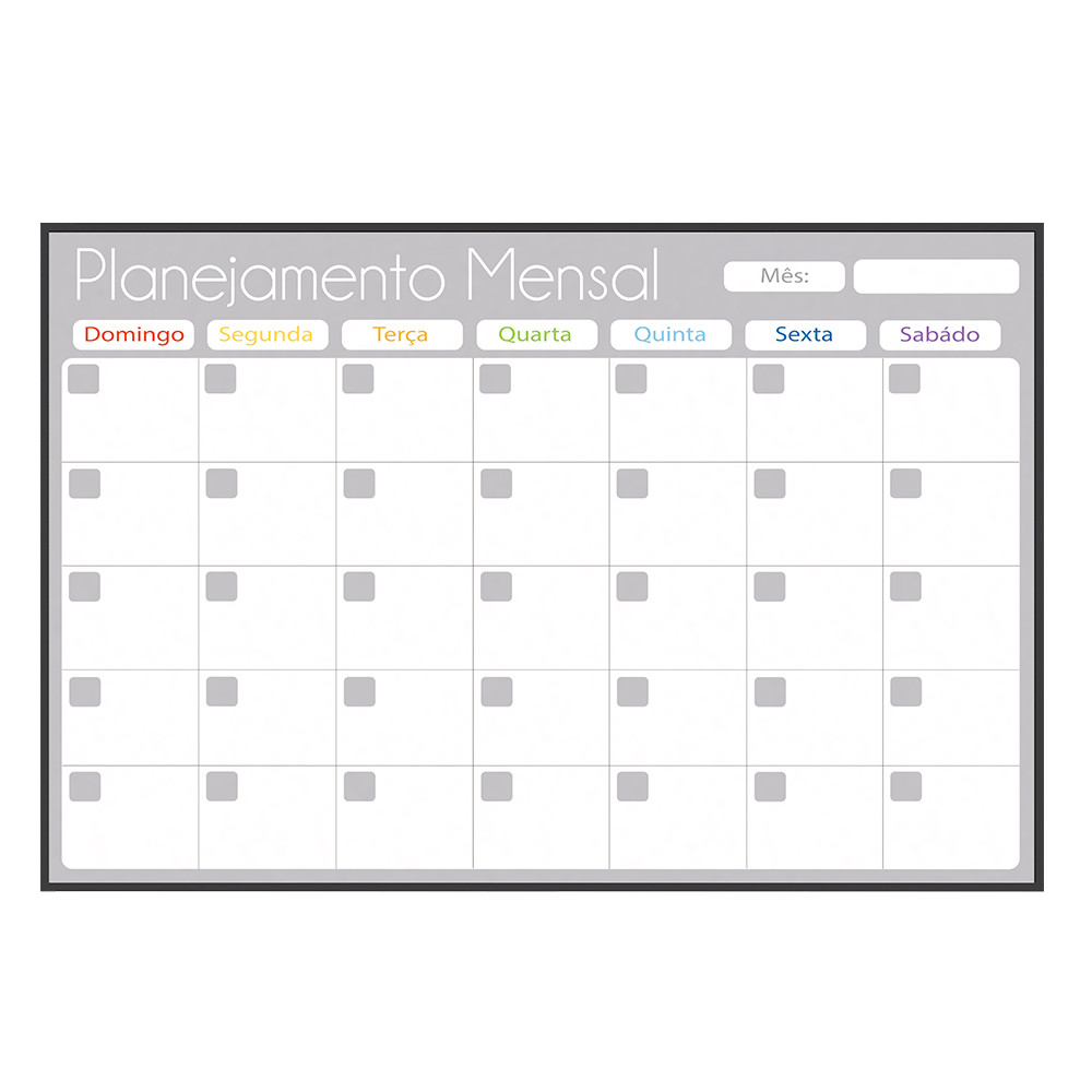 Quadro Planner 60x40 cm Semanal Light e Mensal Gray Moldura Madeira Preto