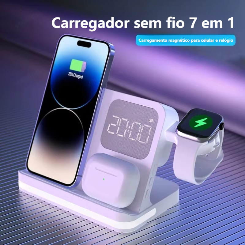 Estação De Carregamento Sem Fio 7 Em 1 Para Dispositivo Apple Com Luz Noturna , Relógio , Carregador Rápido De 15 W IPho
