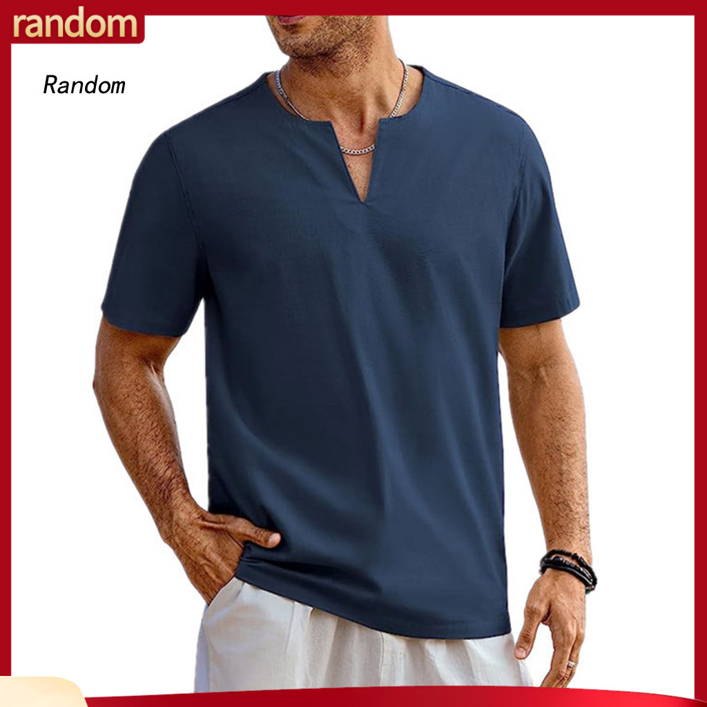 Men Solid Color Top Casual T-shirt Men's Summer V-neck Short Sleeve Breathable Cotton Linen Beach Lightweight Pullover f