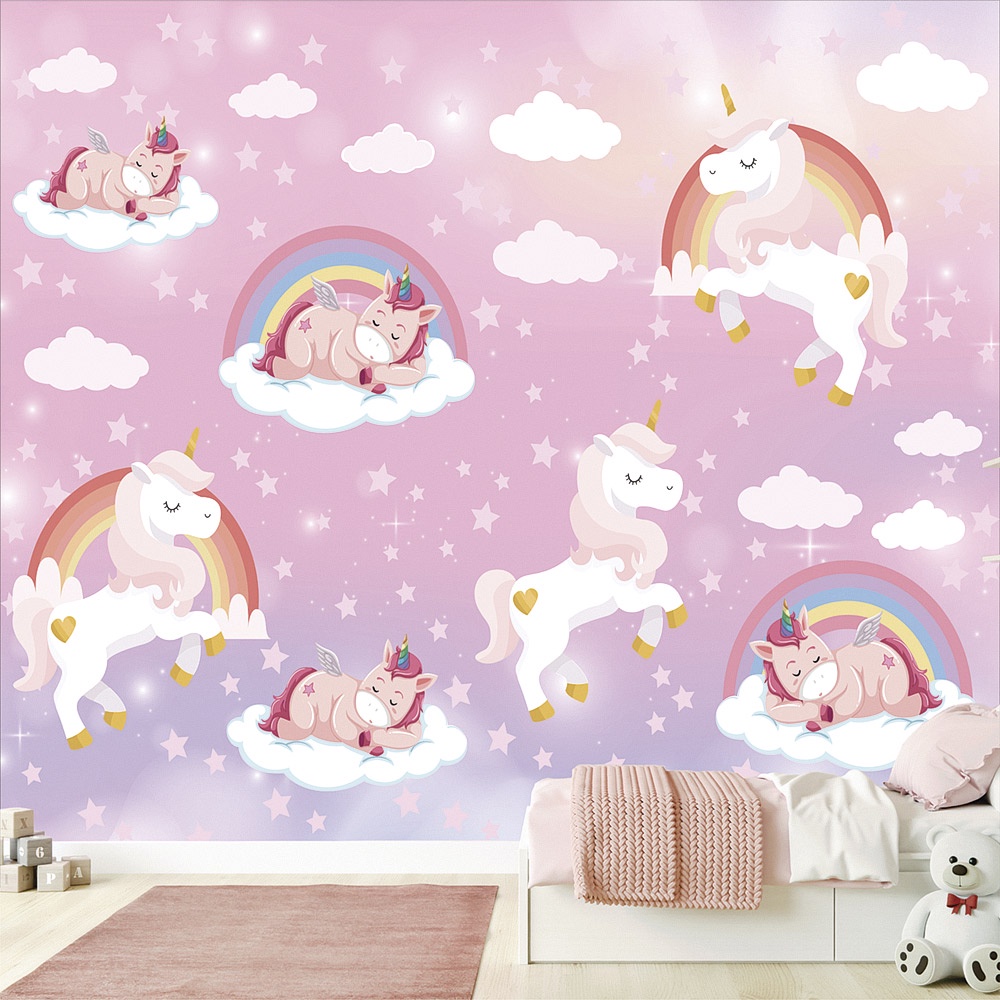 Papel de Parede Personalizado Foto Mural Infantil Céu De Unicórnios Encantados M² Imagem Completa