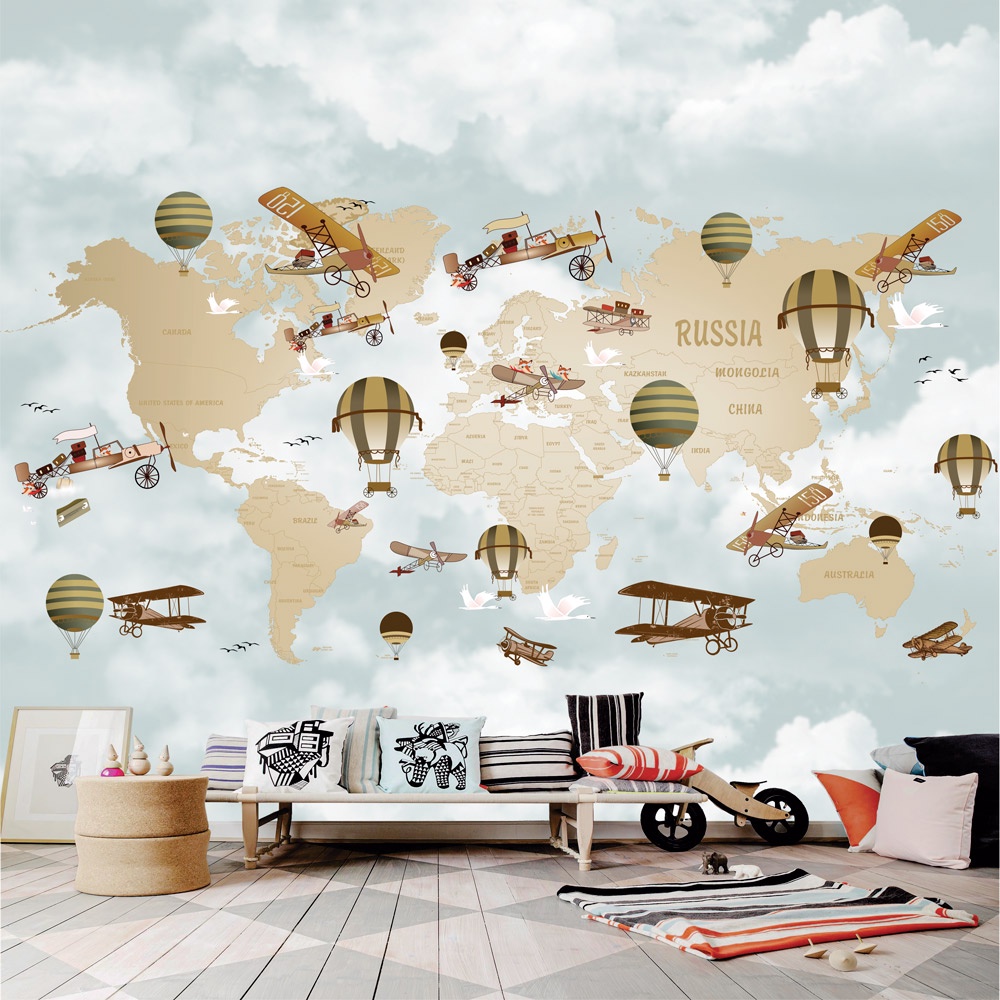 Papel de Parede Personalizado Foto Mural Mapa Mundi Rússia Aviões E Balões M² Imagem Completa