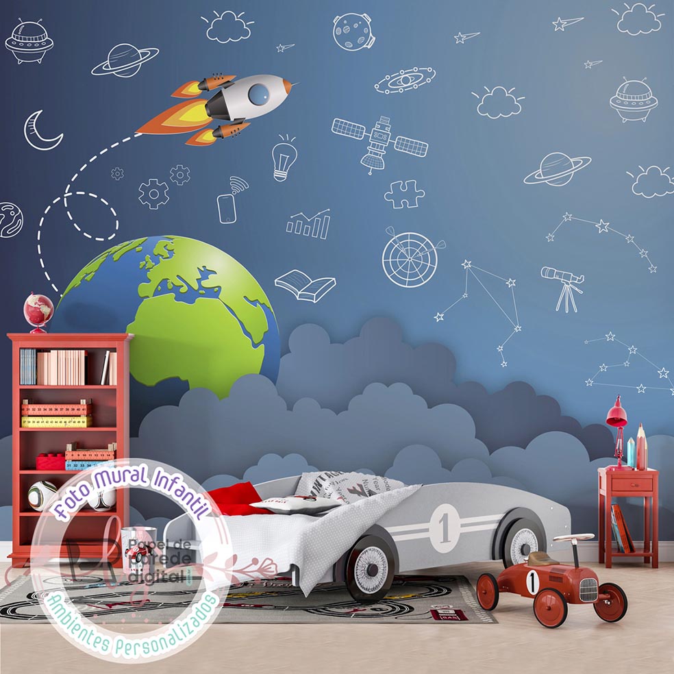 Papel de Parede Foto Mural Infantil Planetas E Foguete Espacial M² Imagem Completa