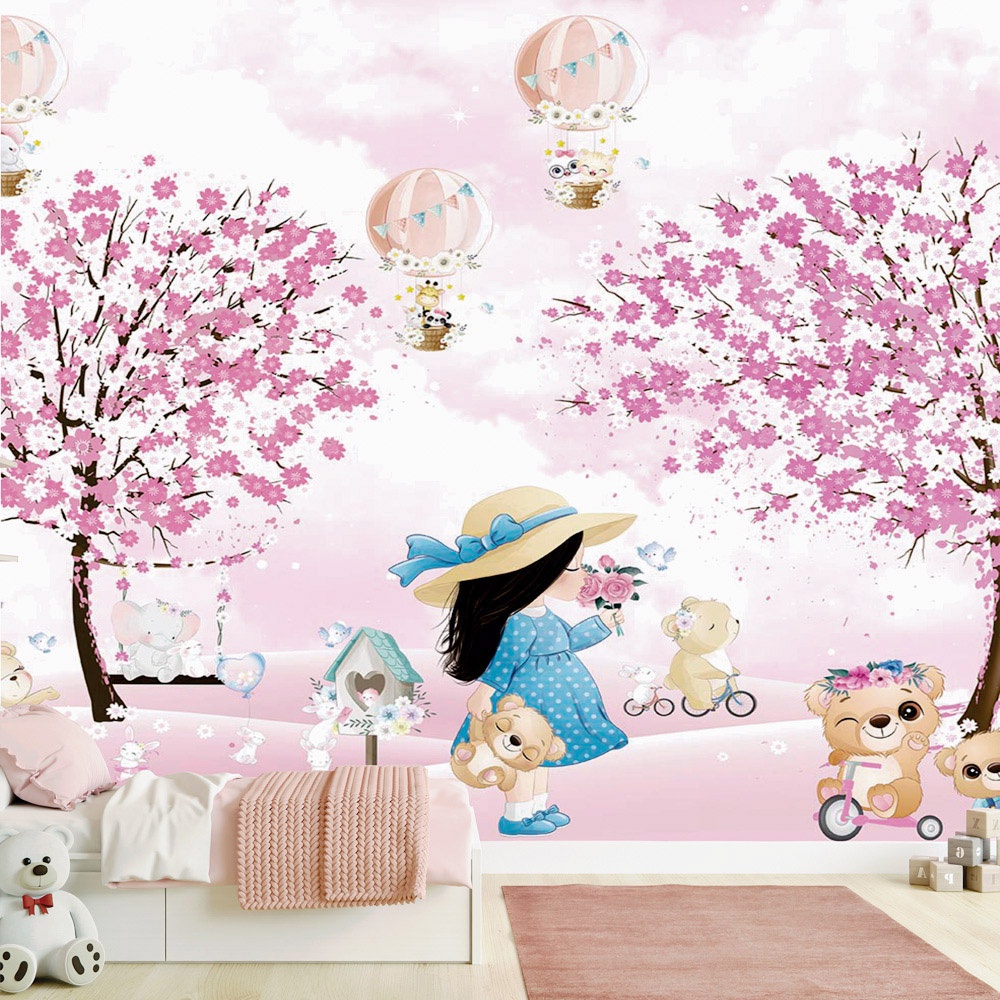 Papel de Parede Personalizado Foto Mural Infantil Menina No Jardim Rosa E Florido M² Imagem Completa
