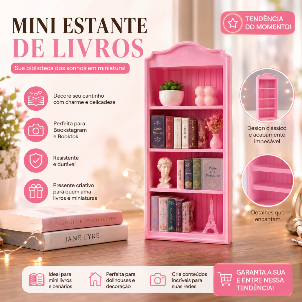 Mini Estante de Livros - Prateleira Miniatura para Dollhouse e Decoração Bookstagram