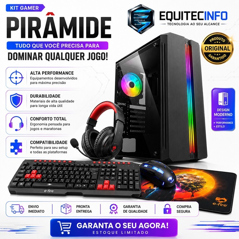 Kit Gamer Pirâmide Gabinete ATX Headset Mouse  Teclado ABNT2 Mouse Pad  para montagem