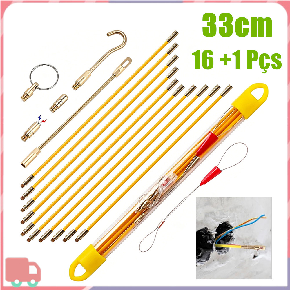 10Peças 33cm Running Electrical Wire Cable Pulling Kit, Wall Installing Rods Wiring, com 5 Attachments Tool in a Case