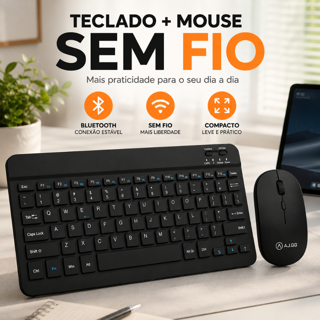 Teclado e Mouse Sem Fio Bluetooth Recarregável USB Para Notebook Tablet Celular iPad iPhone
