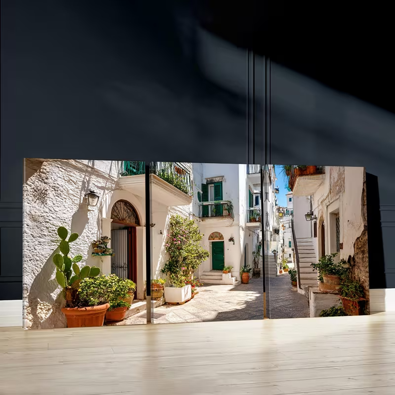 Kit 3 Quadros Paisagem Mediterrânea Vila Europeia Grécia Itália Cactos e Flores Oferta