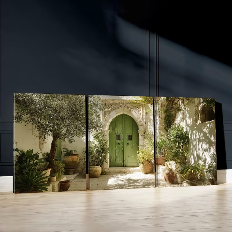 Kit 3 Quadros Paisagem Mediterrânea Porta Verde Grécia Itália Oliveiras Vila Europeia