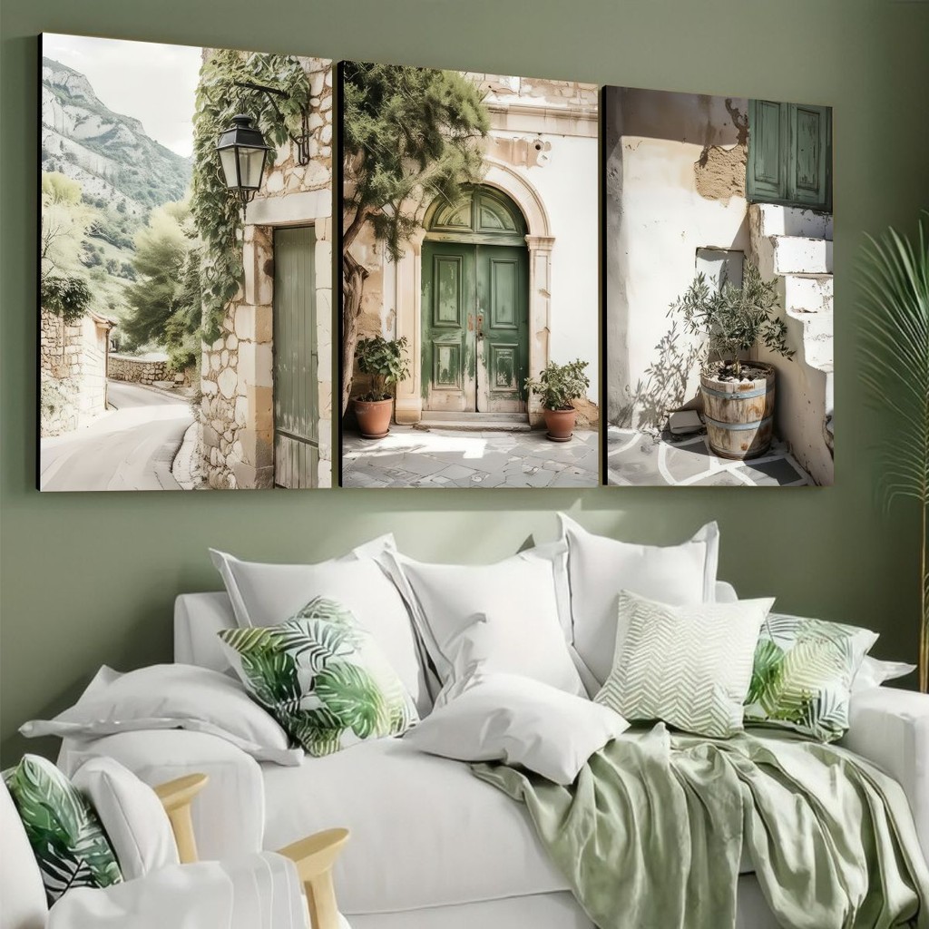 Trio Quadro Decorativo Boho Verde Porta Mediterrânea Rua de Pedra Vaso Oliveira