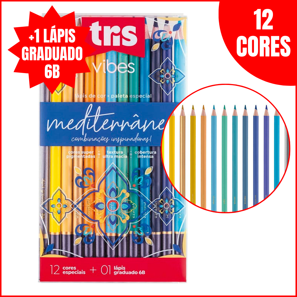 Lápis de Cor Tris 12 Cores Vibes Mediterrânea Paleta Especial