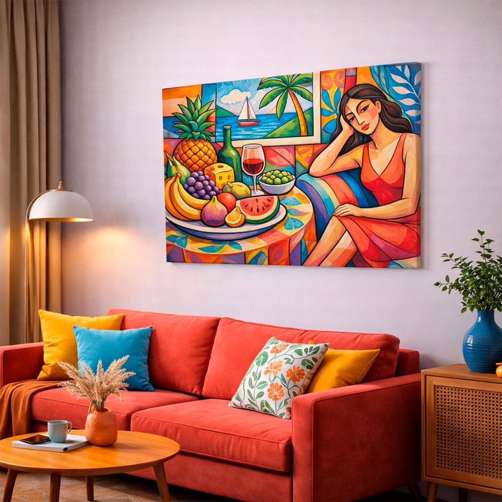Quadro Decorativo Cozinha Mulher Frutas Vinho Arte Mediterrânea Sala Jantar Canvas