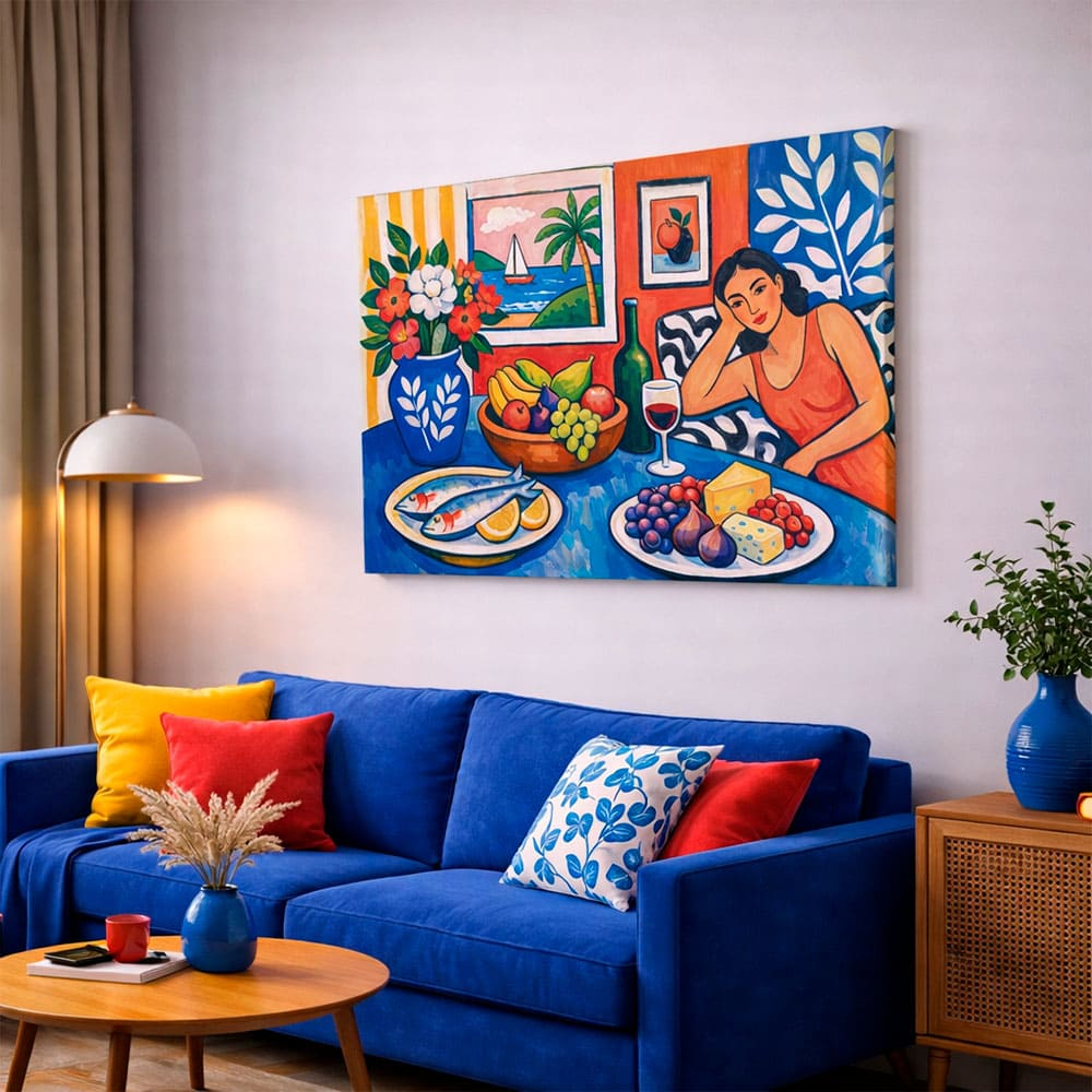Quadro Decorativo Cozinha Mesa Frutas Vinho Arte Mediterrânea Sala Jantar Canvas