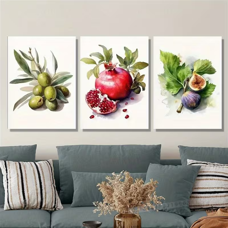 Quadro Decorativo Aquarela Mediterrânea (Oliva, Romã e Figo)