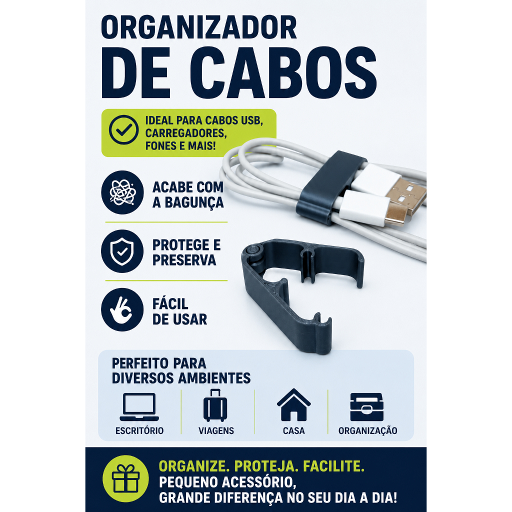 Organizador e Prendedor de Cabos com Fecho Serve em todos cabos - HDMI - Carregadores de Iphone Samsung e Cabo de rede