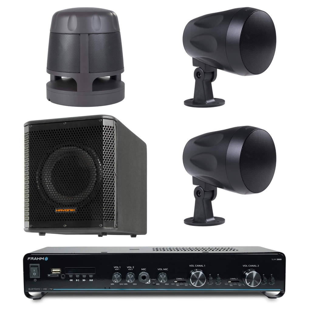 Kit Som Caixa Subwoofer + HS Eco Garden 360º + Amplificador Slim + 2 HS Eco Garden Flex