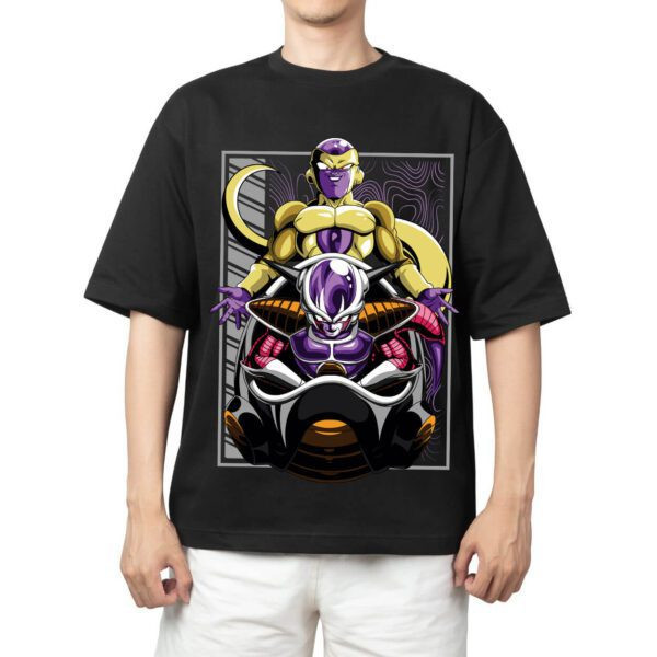 Camiseta Masculina Feminina Oversized Estampa Freeza Forma Dourada e Primeira Forma em Layout Retangular Grunge
