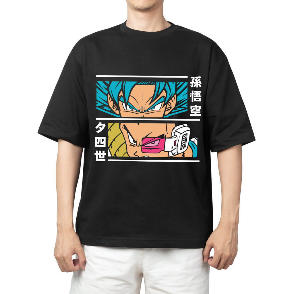 Camiseta Masculina Feminina Oversized Estampa Goku Super Saiyajin Azul VS Vegeta com Scouter em Layout Dividido