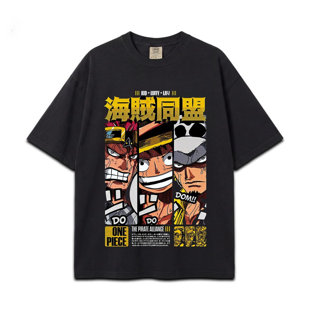 Camiseta Masculina Feminina Estampa One Piece Aliança Pirata Luffy Kid Law Layout Retro T-shirt Preta Unissex Anime