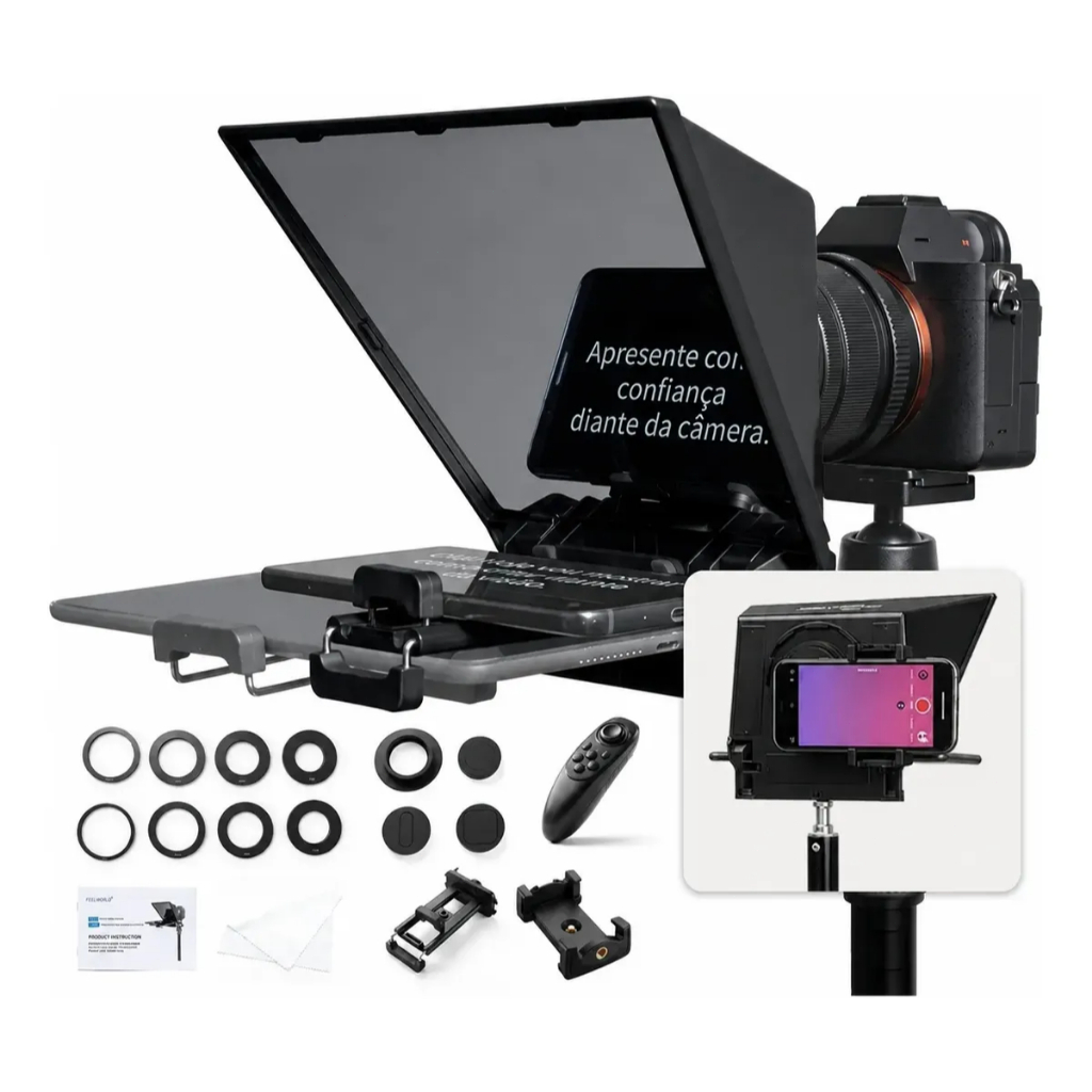 Teleprompter Portátil 8 Polegadas para Celular Câmera Smartphone Live Vídeo Gravação T2PA