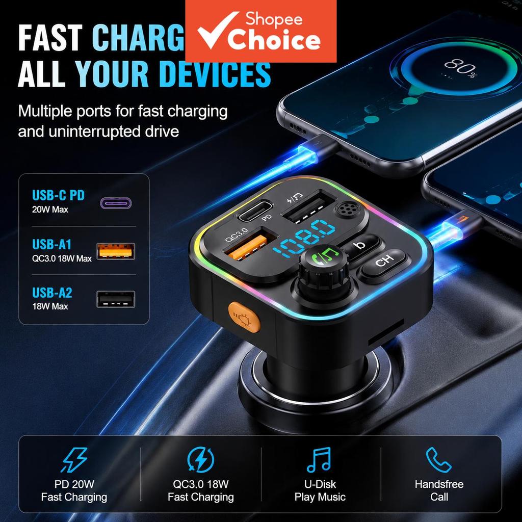 BLUETOOTH 5.0 Transmissor Fm Para Carro Carregador USB Duplo Qc3.0 Pd Tipo-c Luz Ambiente Handsfree Mp3 Player
