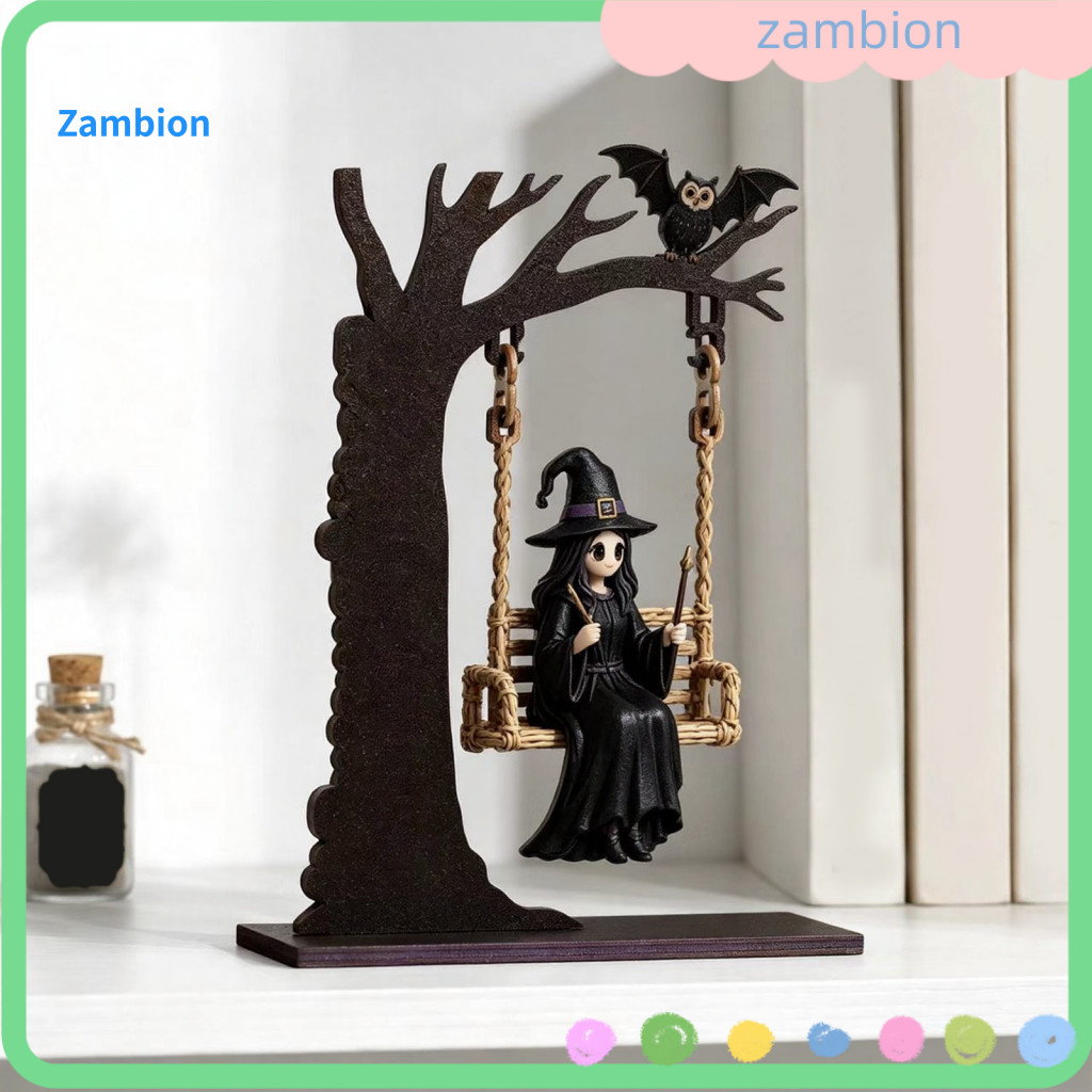 Cute Spooky Office Desk Accessories Halloween Table Decor Swing Tree Vintage Wooden Tabletop Centerpiece with Bat Spider