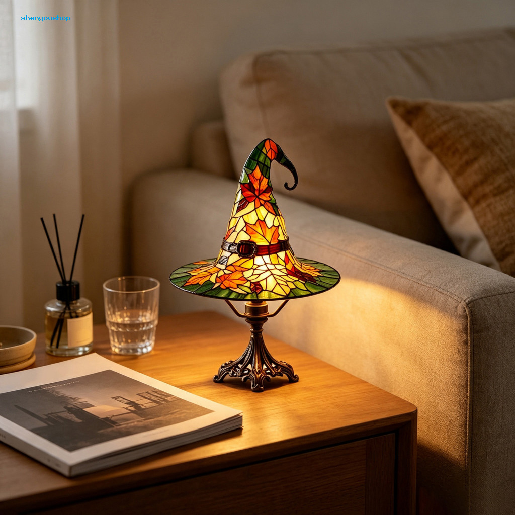 Resin Autumn Home Decor Stained Glass Style Desk Lamp Retro Witch Hat Usb Plug-in Night Light Table Halloween for Bedroo
