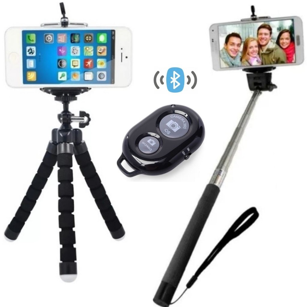 Kit bastao pau de selfie + mini tripé flexível suporte para celular smartphone controle bluetooth