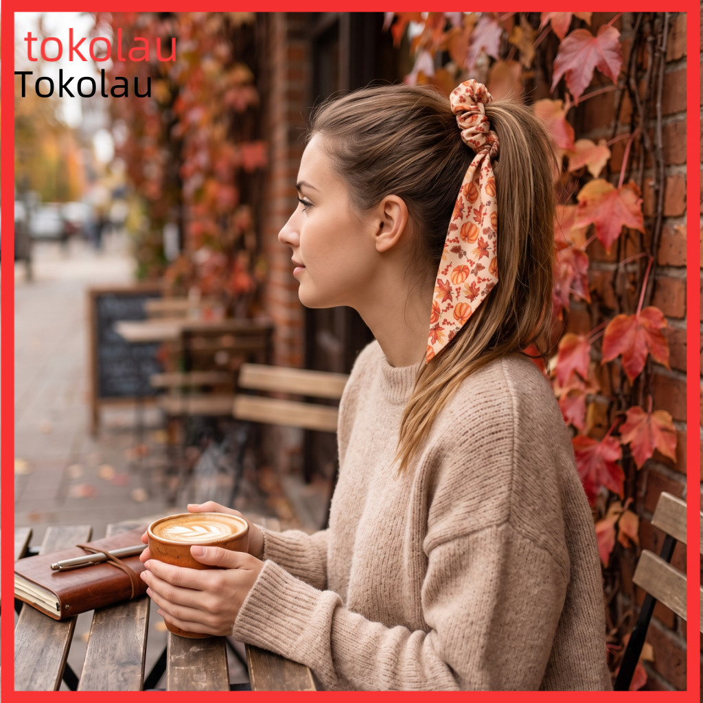Decorative Hair Accessories for Autumn Outings Silk Scrunchies with Ribbons Fall Pumpkin Maple Leaf Tie for Women – So