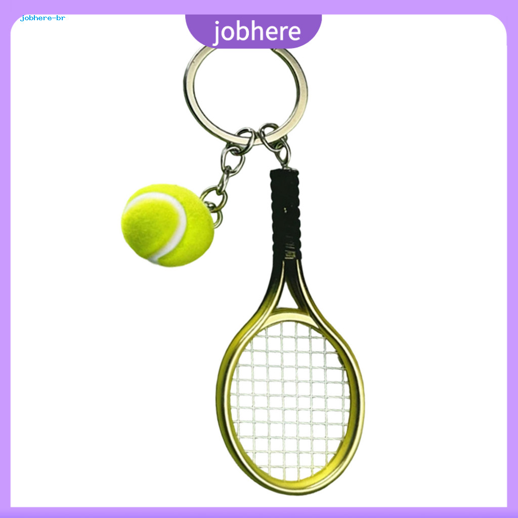 Alloy Tennis Racket Charm Keychain Mini Keyring with Plush Ball – Portable Sports Pendant Metal Ring for Bags for Sout