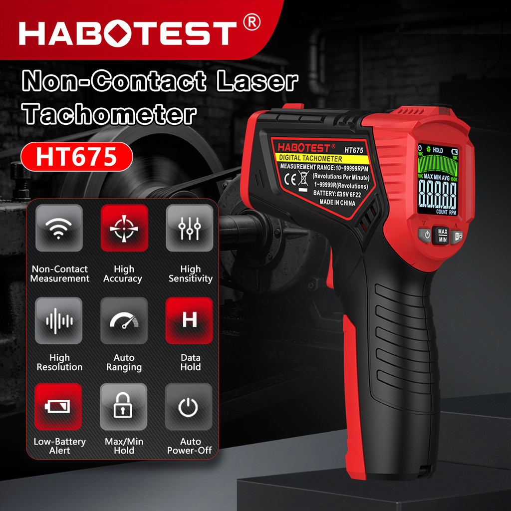 HABOTEST Preciso Laser Foto Tacômetro HT675 Handheld RPM Contador Rotação Digital Medidor De Velocidade Ventilador Instr