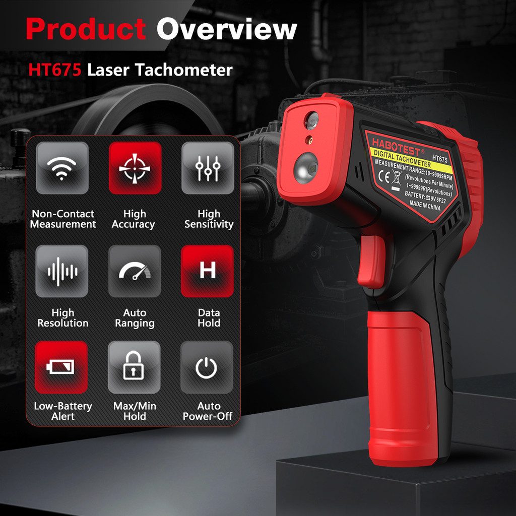 HABOTEST Preciso Laser Foto Tacômetro HT675 Handheld RPM Contador Rotação Digital Medidor De Velocidade Ventilador Instr