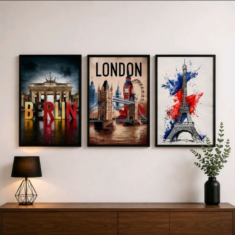 KIT 3 QUADROS DECORATIVOS BERLIN LONDON PARIS (COM MOLDURA E ACETATO 30X42)