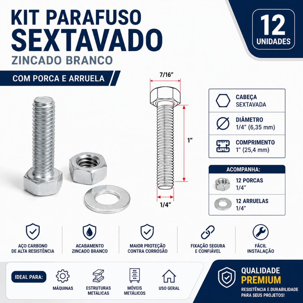 Kit Parafuso Sextavado 1/4 x 1 com Porca e Arruela 12 Peças Chave: 7/16