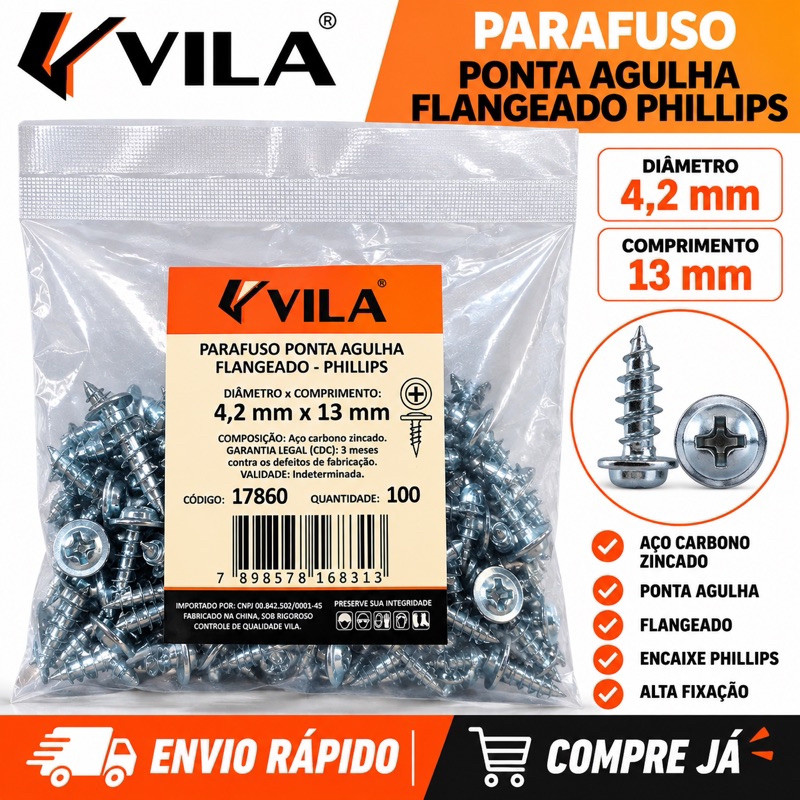 Parafuso Ponta Agulha Flangeado Phillips Vila 4,2x13mm 100 Unidades Aço Carbono Zincado para Fixação