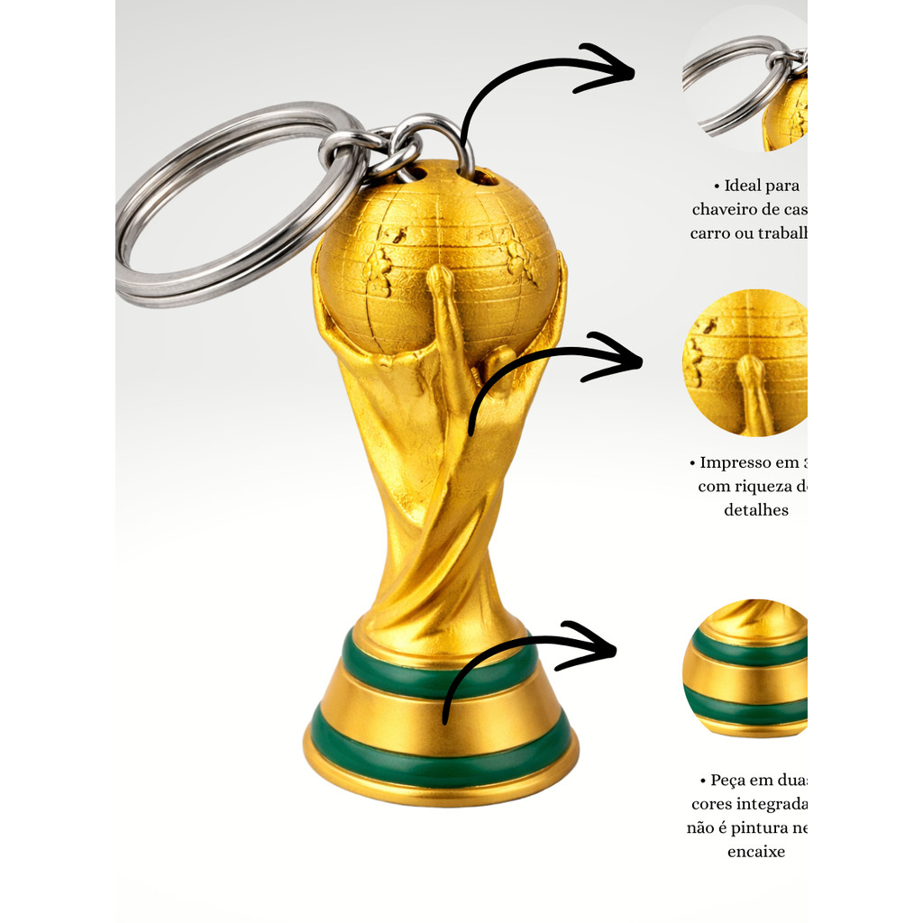 Kit Chaveiro Troféu Estilo Futebol 3D – Mini Estátua Decorativa Dourada copa do mundo 2026