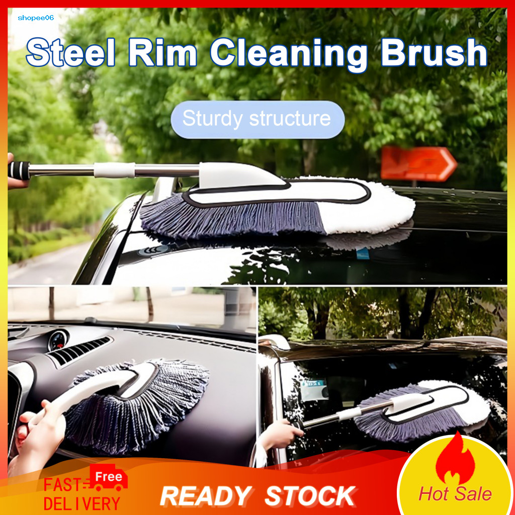 Tire Cleaning Brush Extendable Car Dust Kit with Soft Microfiber Stiff Rim Telescoping Handle Wheel for Vehicle Detailin