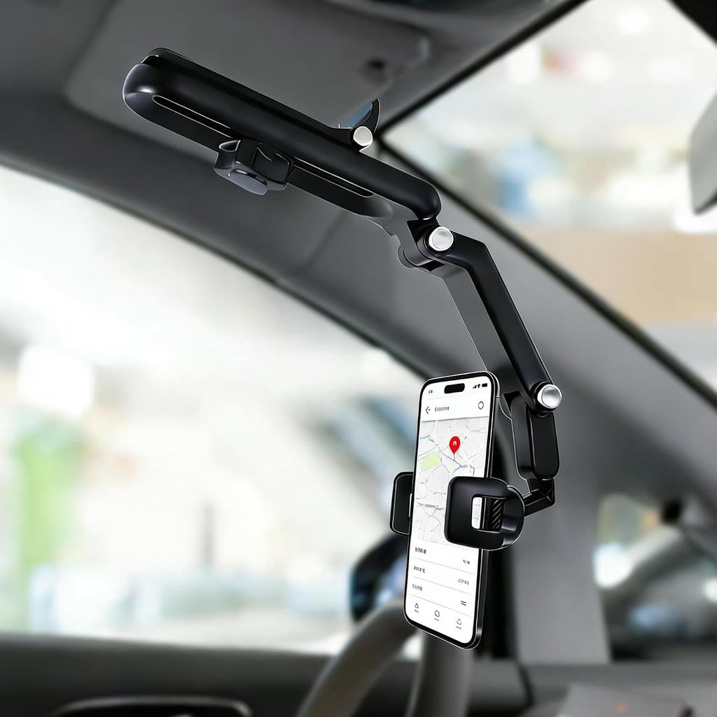 Sun Visor Phone Holder, 360° Rotatable and Extendable Car Phone Holder, 1080 Multifunction Rear View Mirror Mobile Mount