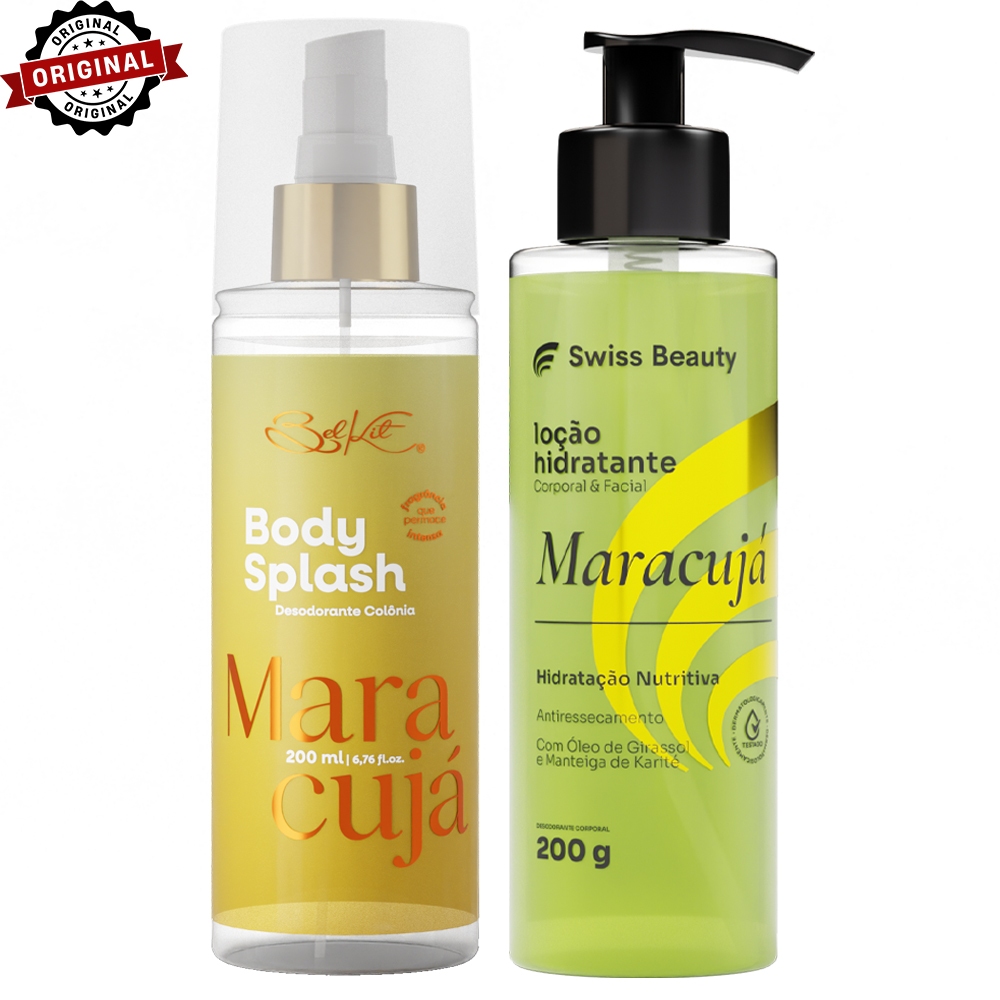 Kit Maracujá - Body Splash 200ml BELKIT, Loção Hidratante SWISS BEAUTY 200g | Hidratação e banho
