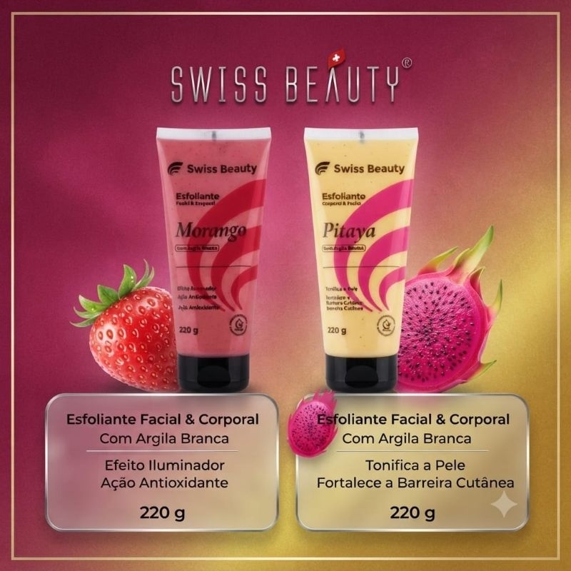 Esfoliante Corporal e Facial Argila Branca Swiss Beauty 220g (Morango ou Pitaya)
