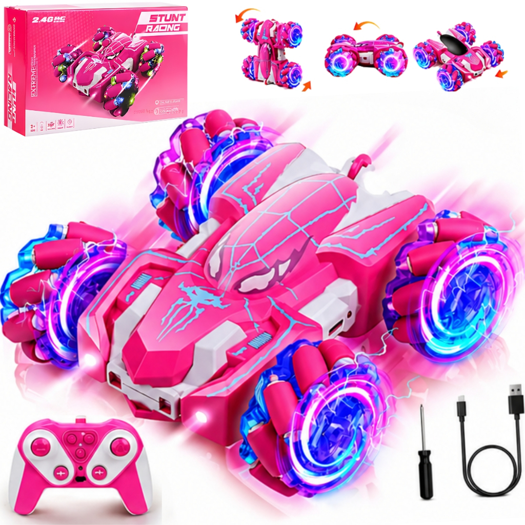 Carro Drift Aranha Rosa Controle Remoto 360° Luzes e Veloz
