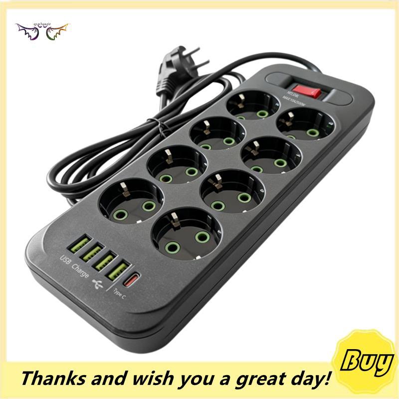 EU Plug Power Strip 13 Em 1 Protetor Contra Surtos 2500W 2M Cabo Com 8 Tomadas Ca 4 USB 1 Tipo-C Interruptor Mestre